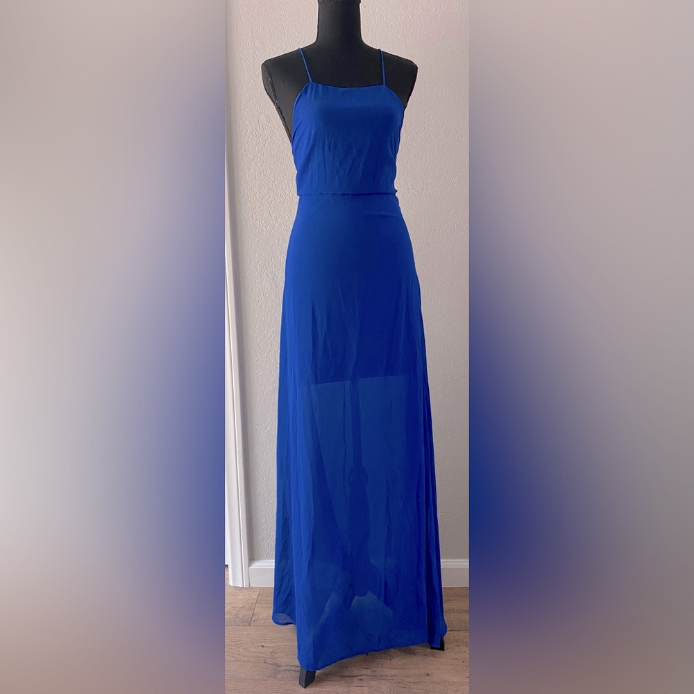 NEW Miss California Forever 21 Cobalt Electric Blue Chiffon Lace Up Maxi Dress S